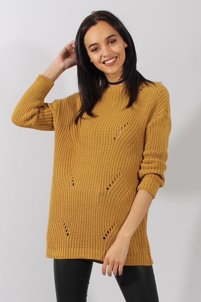 Mustard Knitted Distressed Back Jumper Dress - Cara-Dresses