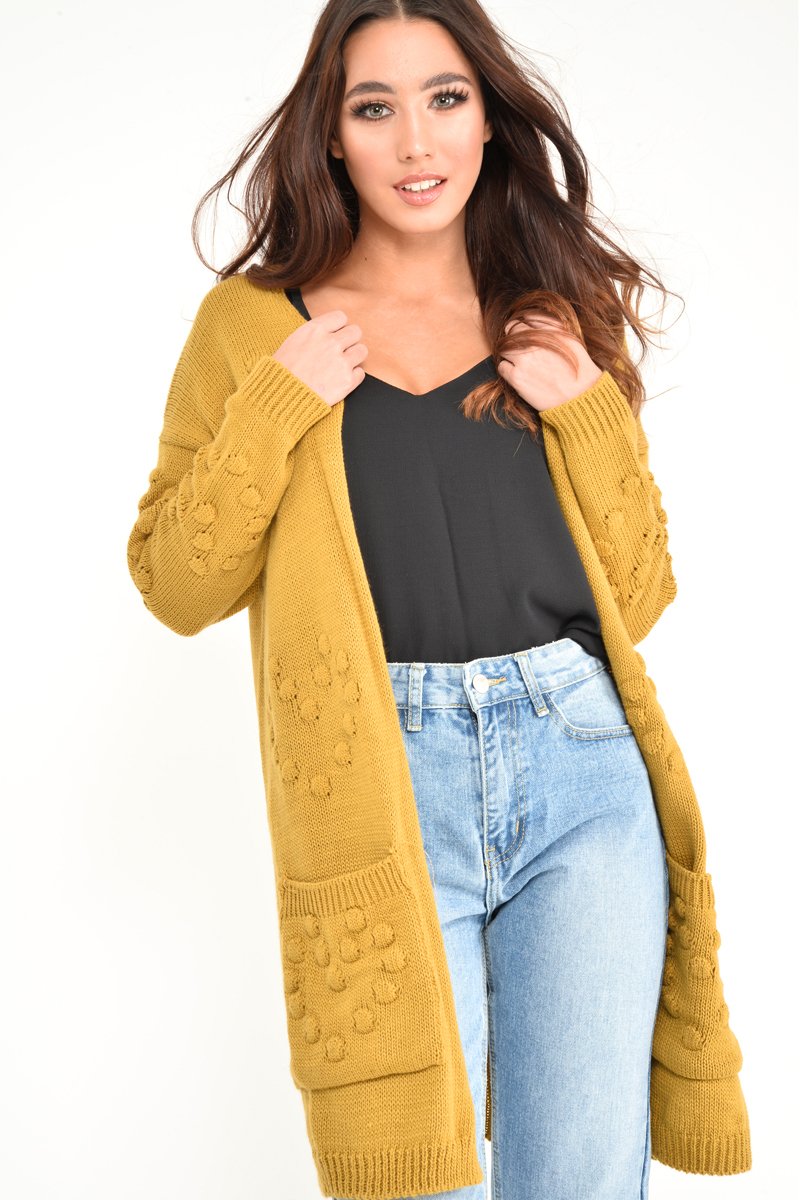 Mustard Knitted Longline Bobble Cardigan - Annette-Knitwear