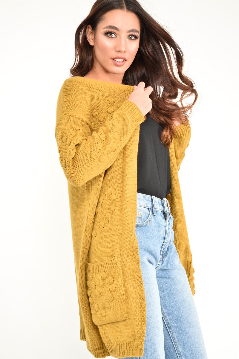 Mustard Knitted Longline Bobble Cardigan - Annette-Knitwear