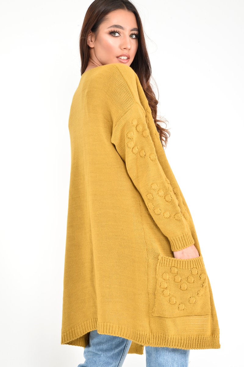 Mustard Knitted Longline Bobble Cardigan - Annette-Knitwear