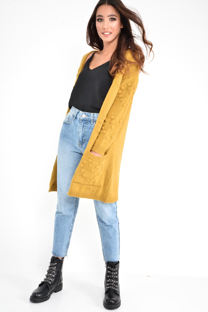 Mustard Knitted Longline Bobble Cardigan - Annette-Knitwear
