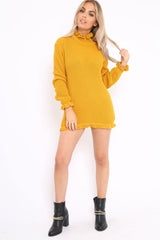 Mustard Knitted Ruffle Jumper Dress with Elasticated hems - Velma-Dresses