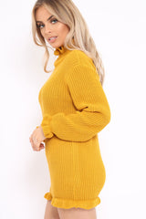 Mustard Knitted Ruffle Jumper Dress with Elasticated hems - Velma-Dresses