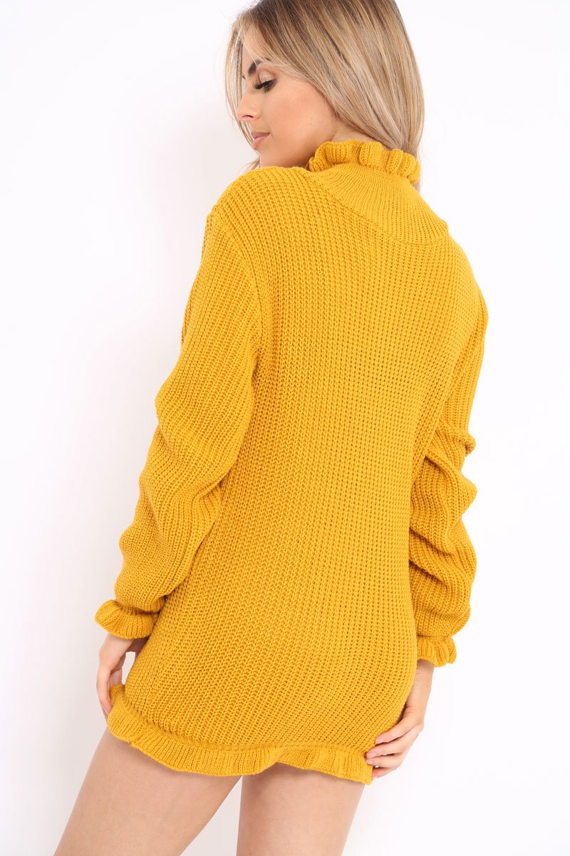 Mustard Knitted Ruffle Jumper Dress with Elasticated hems - Velma-Dresses