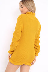 Mustard Knitted Ruffle Jumper Dress with Elasticated hems - Velma-Dresses