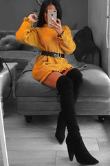 Mustard Knitted Ruffle Jumper Dress with Elasticated hems - Velma-Dresses