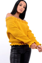 Mustard Knitted Ruffle Jumper with Elasticated hems - Eve-Jumper
