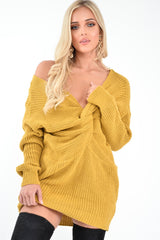 Mustard Knot Front Jumper Dress - Hydee-Dresses