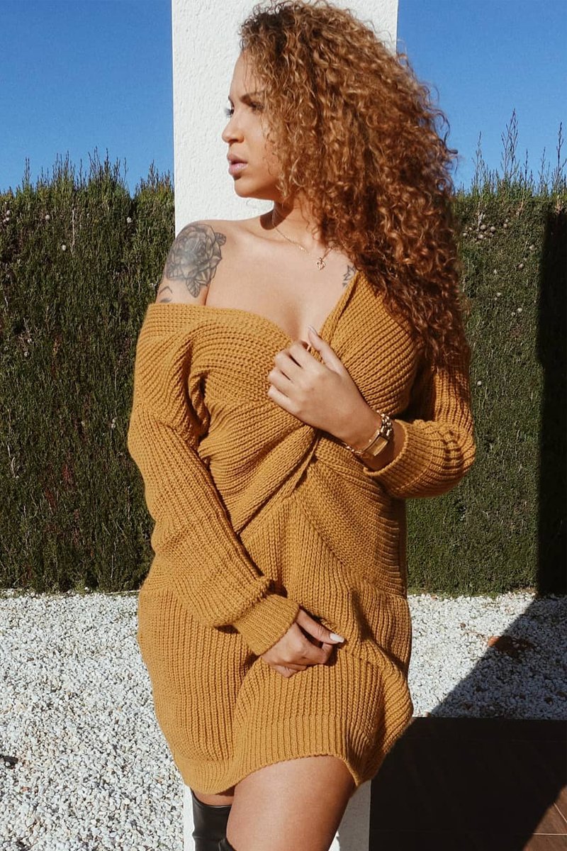 Mustard Knot Front Jumper Dress - Hydee-Dresses