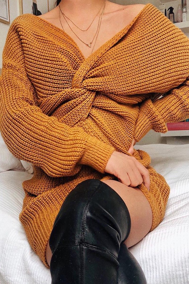 Mustard Knot Front Jumper Dress - Hydee-Dresses