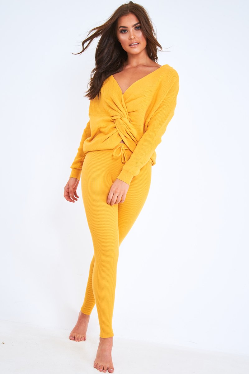 Mustard Knot Front Knit Loungewear Set - Lorelei-Loungewear