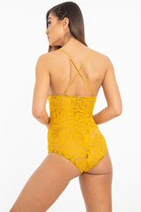 Mustard Lace Cross Back Bodysuit - Brogan-Bodysuits