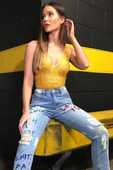 Mustard Lace Cross Back Bodysuit - Brogan-Bodysuits