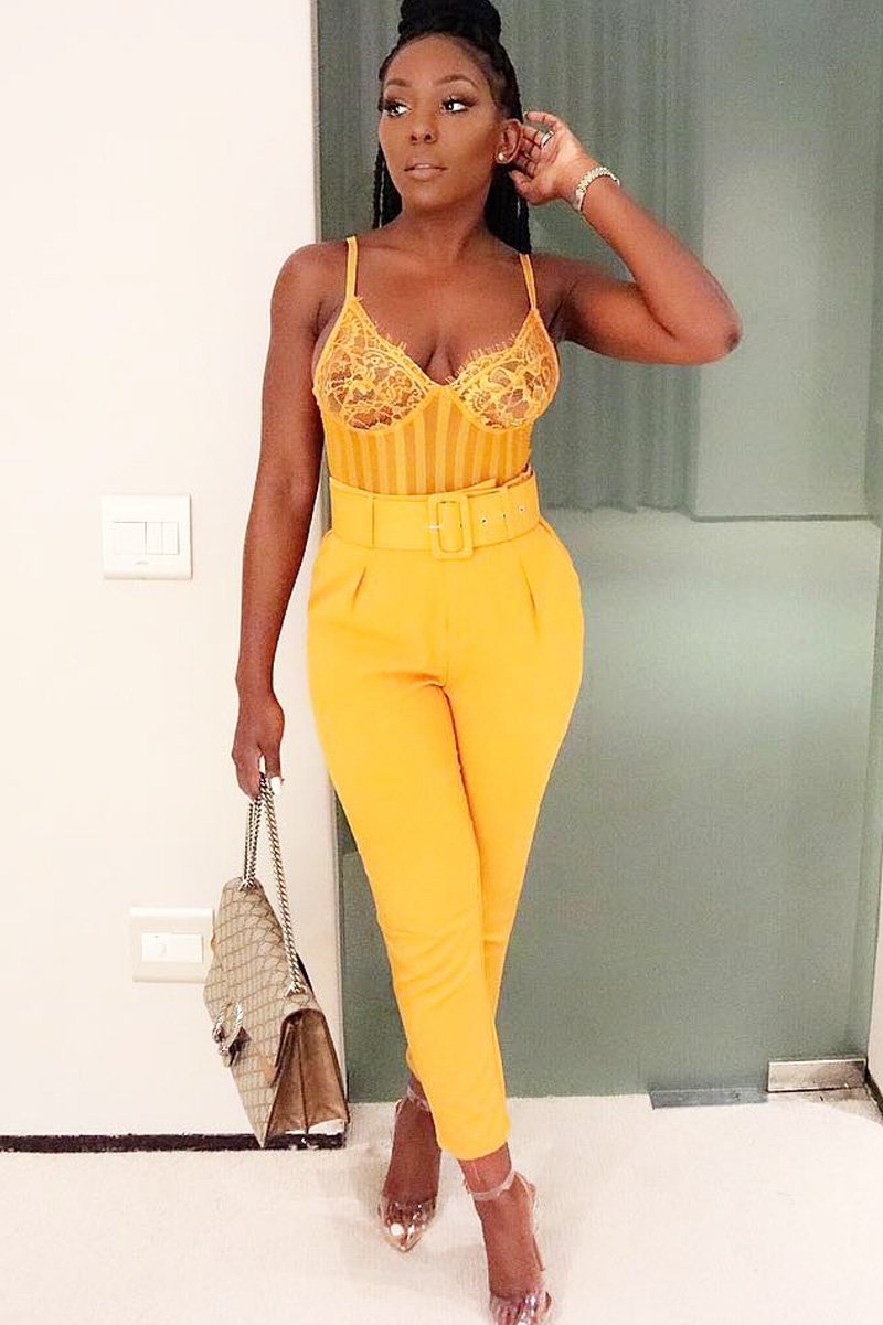 Mustard Lace Cup Stripe Bodice Bodysuit - Paislea-Bodysuits