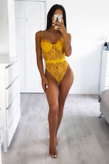 Mustard Lace Flower Bodysuit - Faylen-Bodysuits