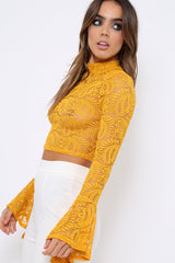 Mustard Lace High Neck Crop Top with Key Hole Back - Ellah-Tops