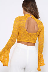 Mustard Lace High Neck Crop Top with Key Hole Back - Ellah-Tops
