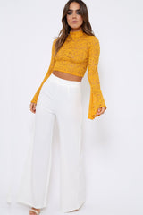 Mustard Lace High Neck Crop Top with Key Hole Back - Ellah-Tops
