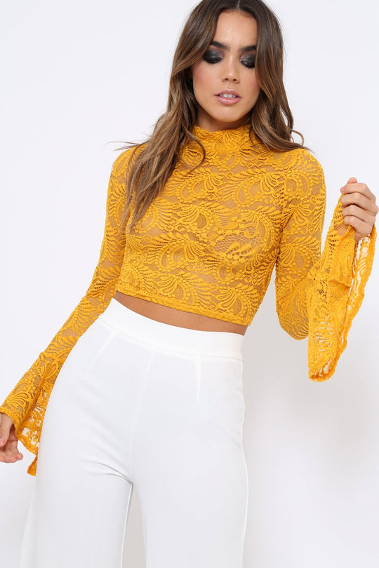 Mustard Lace High Neck Crop Top with Key Hole Back - Ellah