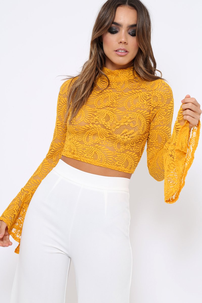 Mustard Lace High Neck Crop Top with Key Hole Back - Ellah-Tops