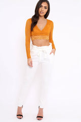 Mustard Lace Plunge Scalloped Hem Crop Top - Elouise-Crop Tops