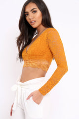 Mustard Lace Plunge Scalloped Hem Crop Top - Elouise-Crop Tops