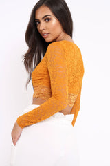 Mustard Lace Plunge Scalloped Hem Crop Top - Elouise-Crop Tops