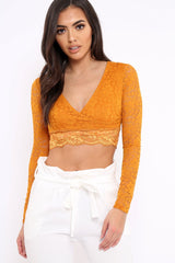 Mustard Lace Plunge Scalloped Hem Crop Top - Elouise-Crop Tops
