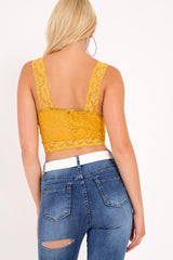 Mustard Lace Scallop Strappy Crop Top - Kensly-Tops