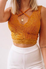 Mustard Lace Scallop Strappy Crop Top - Kensly-Tops