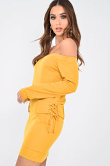 Mustard Lace Up detail Bardot Jumper Dress - Aarna-Dresses