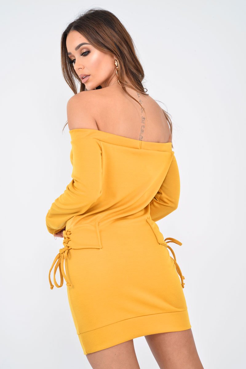 Mustard Lace Up detail Bardot Jumper Dress - Aarna-Dresses