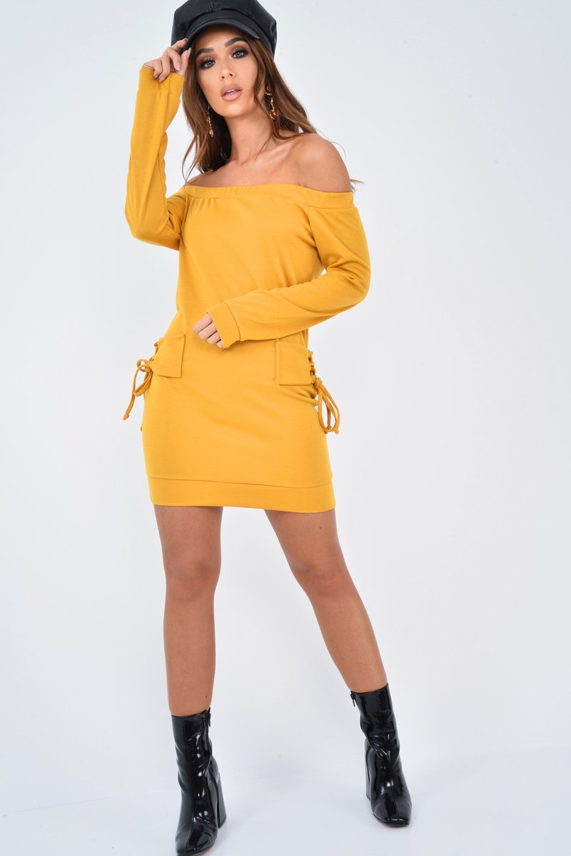 Mustard Lace Up detail Bardot Jumper Dress - Aarna-Dresses