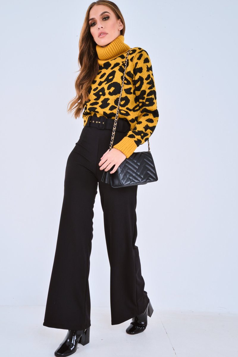Mustard Leopard Crop Roll Neck Jumper - Halley-Jumper