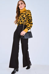 Mustard Leopard Crop Roll Neck Jumper - Halley-Jumper