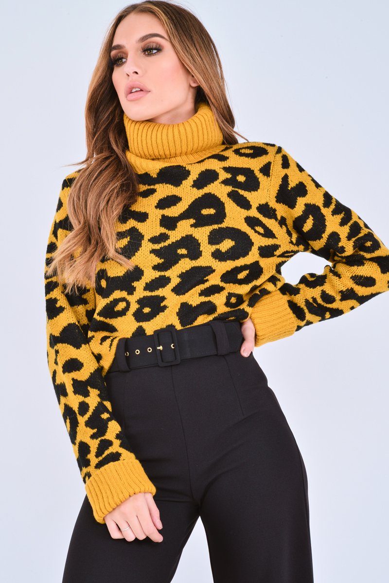 Mustard Leopard Crop Roll Neck Jumper - Halley-Jumper