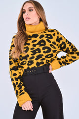Mustard Leopard Crop Roll Neck Jumper - Halley-Jumper