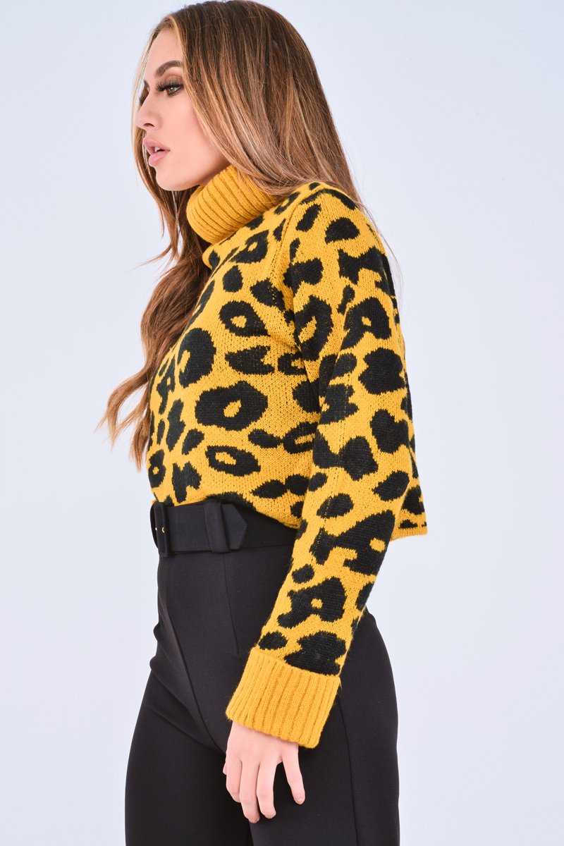 Mustard Leopard Crop Roll Neck Jumper - Halley-Jumper