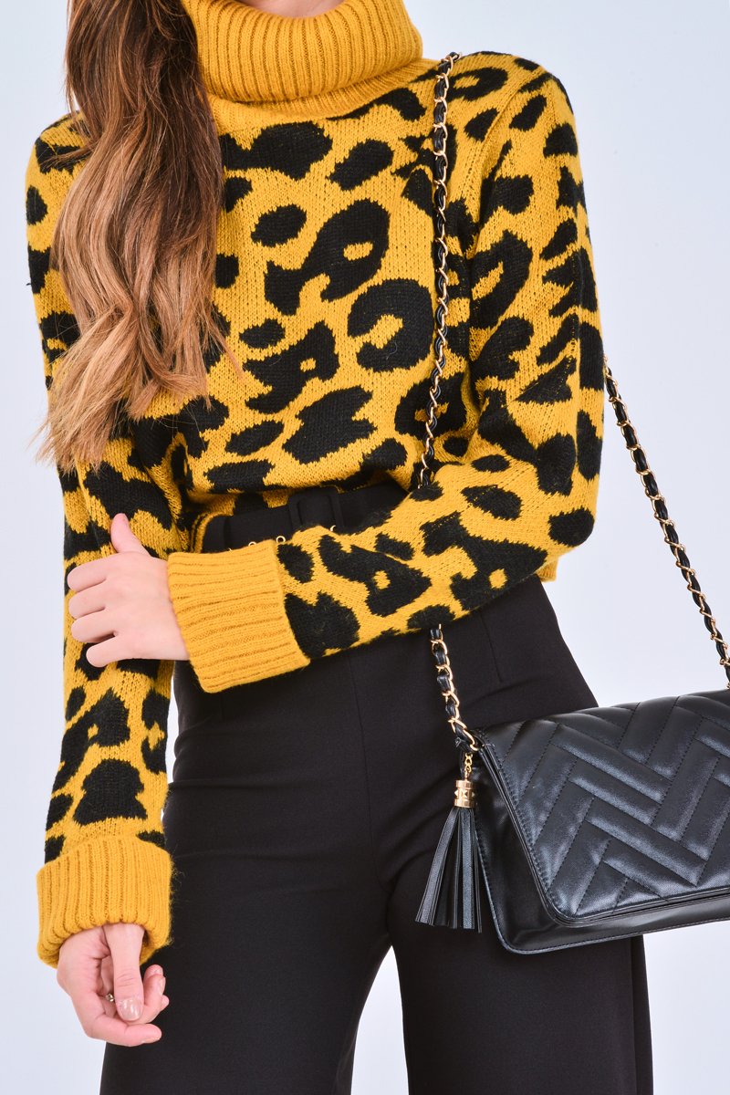 Mustard Leopard Crop Roll Neck Jumper - Halley-Jumper