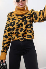Mustard Leopard Crop Roll Neck Jumper - Halley-Jumper