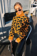 Mustard Leopard Crop Roll Neck Jumper - Halley-Jumper