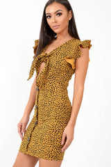 Mustard Leopard Print Tie Button Front Bodycon Dress - Aaira-Dresses