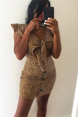 Mustard Leopard Print Tie Button Front Bodycon Dress - Aaira-Dresses