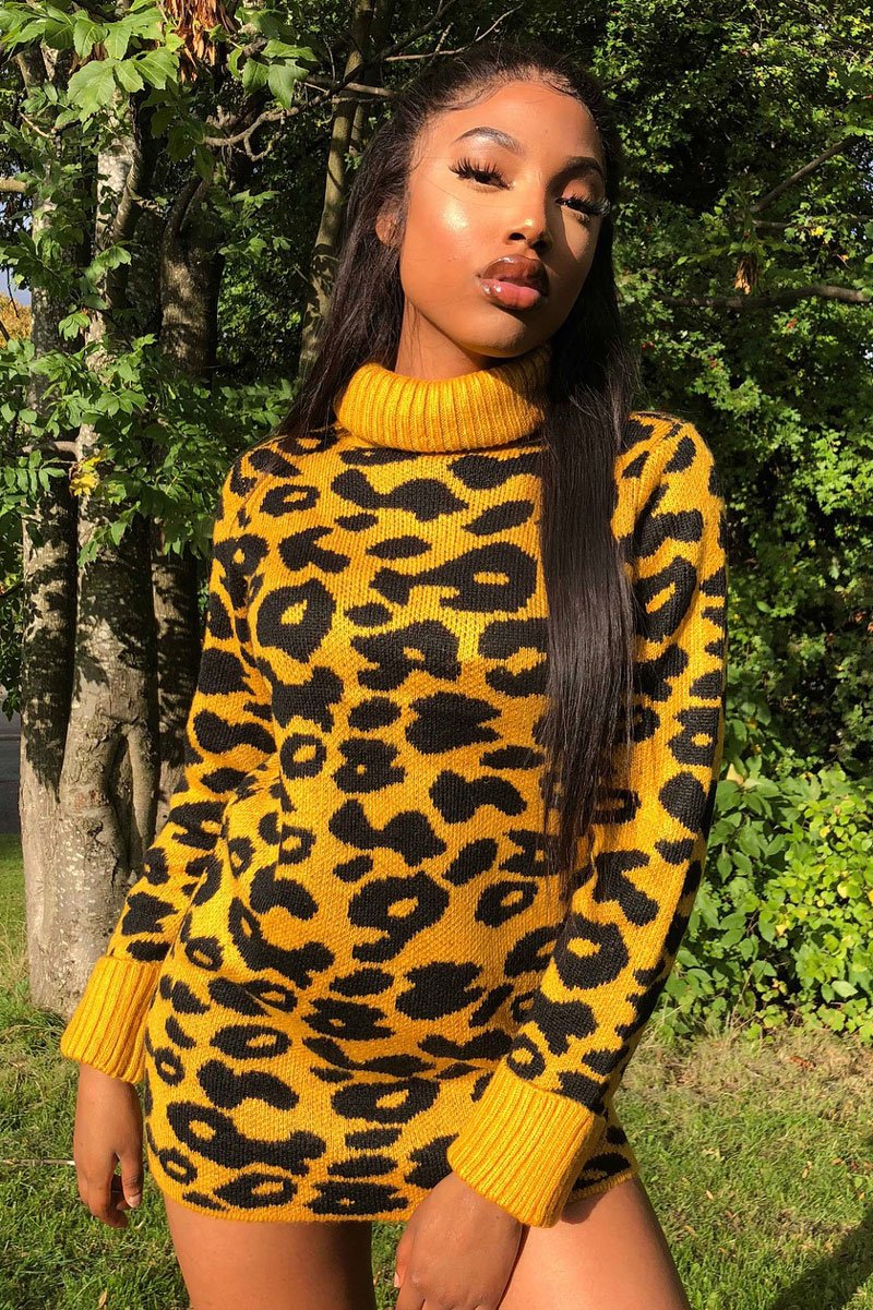 Mustard Leopard Roll Neck Jumper - Deona-Jumper