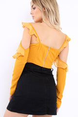 Mustard Long Sleeved Cold Shoulder Crop Top - Felicie-Tops