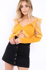 Mustard Long Sleeved Cold Shoulder Crop Top - Felicie-Tops