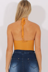Mustard Mesh Flocked Halter Neck Bodysuit - Annetta-Bodysuits