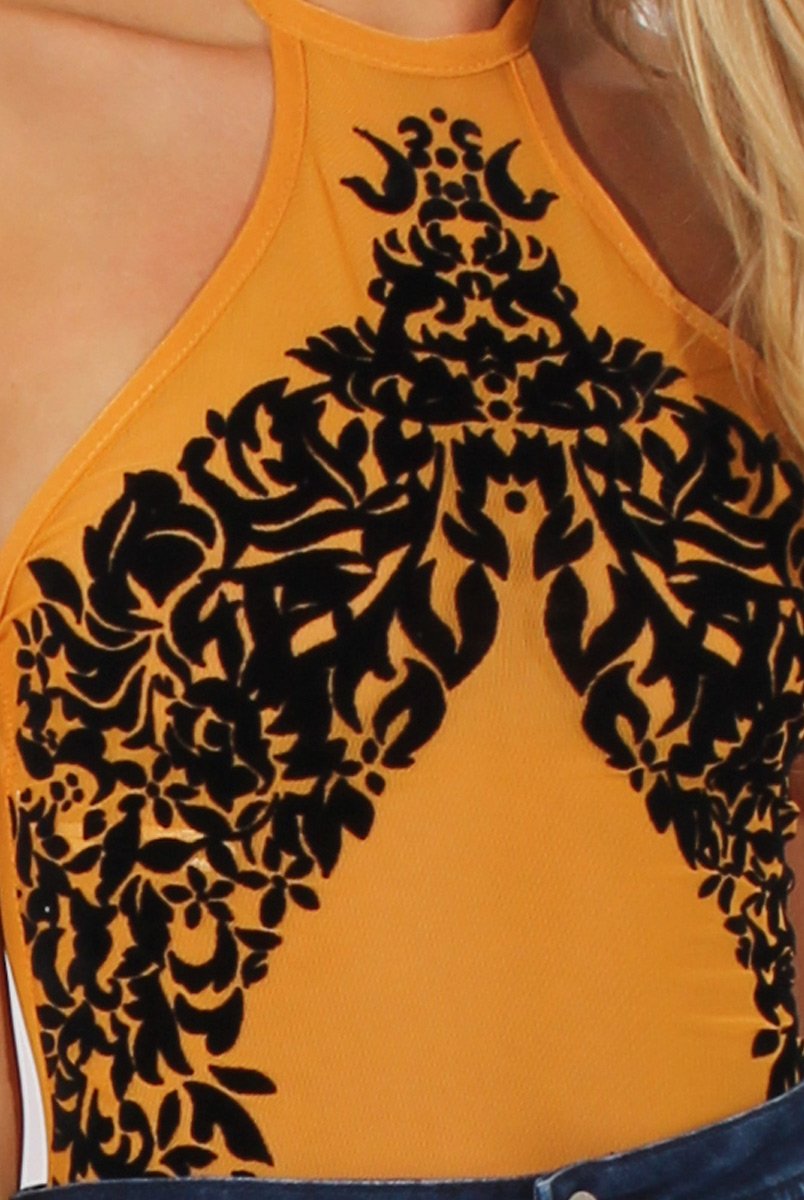 Mustard Mesh Flocked Halter Neck Bodysuit - Annetta-Bodysuits