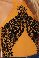 Mustard Mesh Flocked Halter Neck Bodysuit - Annetta-Bodysuits
