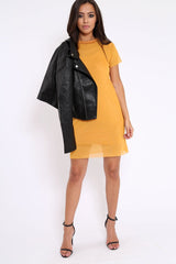 Mustard Mesh Overlay T-Shirt Dress - Selena-Dresses